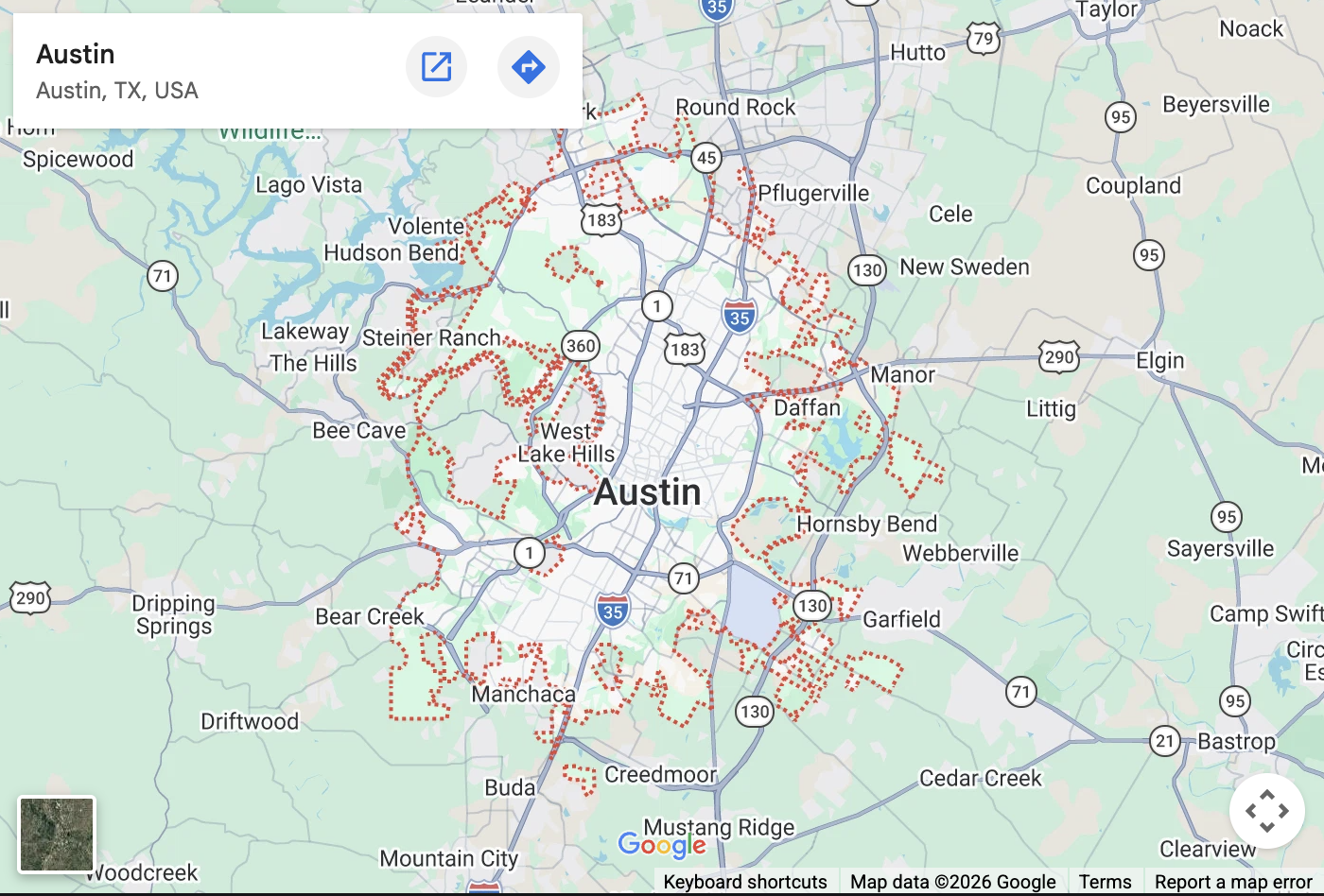 Map showing the Apex Services office at 1250 Commerce Blvd, Suite 400, Austin, TX 78701
